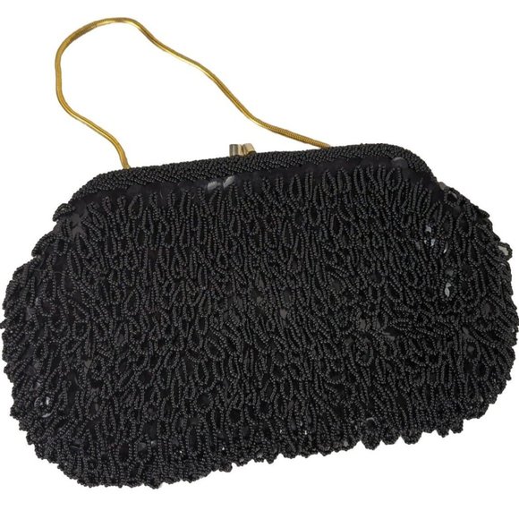 Vintage Flapper Beaded Black Beaded Purse Hong Kong Hand Made Gold Chain  10"x6" - Picture 1 of 9